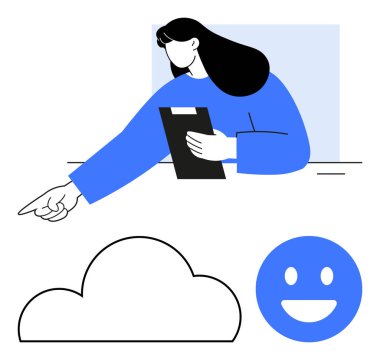 Kadın elinde bir pano tutarken işaret ediyor, bir bulut çizgisi ve mutlu bir yüzle eşleşiyor. İletişim, geri bildirim, müşteri deneyimi, bulut hesaplama, hava durumu, ruh hali ifadesi, işyeri