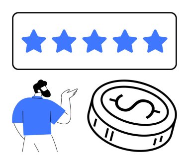 Beş mavi yıldız yüksek bir reyting gösteriyor. Başparmak işareti yapan kişi onaylar. Dolar işareti olan bir sikke değeri temsil eder. Müşteri memnuniyeti, reytingler, geri bildirim, finans için ideal