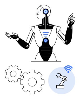 Robot insansı robotlar, yapay zeka ve otomasyonu sembolize eden mekanik kol ikonu ve dişlilerle etkileşim halindedir. Teknoloji, yenilik, yapay zeka, robot teknolojisi, otomasyon, modern teknoloji için idealdir. Satır metaforu