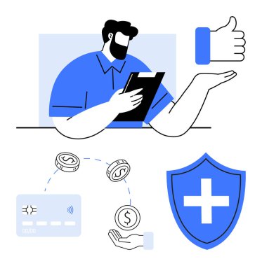 Dosyası olan bir iş adamı, onay sembolü, kredi kartı, bozuk para, el parası, haçlı koruyucu kalkan. Finans, iş onayı, güvenlik bankacılığı işlemleri için ideal