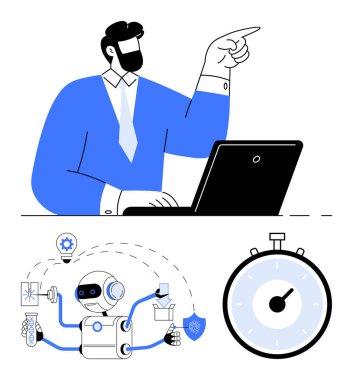 İşadamı işaret ve dizüstü bilgisayarla yönetiyor. Makineleşme gösteren, vites ve mataralı robotlar. Zamanlayıcı aciliyeti ve verimliliği gösteriyor. Üretkenlik, otomasyon, iş için ideal