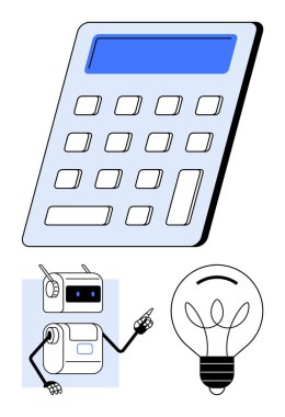 Büyük hesap makinesi robotu ampulü işaret ediyor, fütüristik kavram. Eğitim, yenilik, teknoloji, yaratıcılık, problem çözme, dijital öğrenme, yapay zeka kavramları için idealdir. Satır metaforu