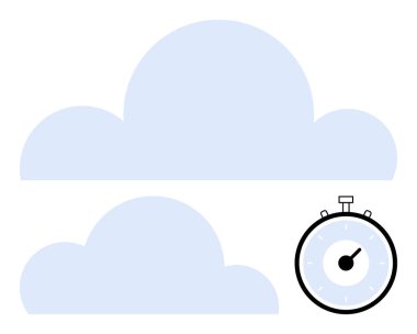 İki mavi bulut şekli ve yuvarlak kronometre. Zaman yönetimi için ideal, verimlilik, dijital depolama, dakiklik, teknoloji, hassasiyet, veri yedeği. Satır metaforu