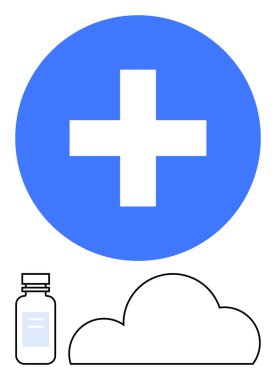 Beyaz tıbbi haçlı mavi daire, ilaç şişesi ve bulut. Teletıp, sağlık uygulamaları, çevrimiçi istişareler, tıbbi kayıtlar, bulut hesaplama, dijital sağlık ve eczacılık için ideal