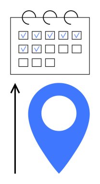 Kontrol işaretli takvim mavi konum yukarı doğru ok. Planlama, planlama, hedefler, organizasyon, ilerleme, yön ve başarı için ideal. Satır metaforu