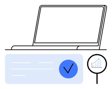 Laptop, dokümanda mavi işaret, büyüme grafikli büyüteç, iş dünyası, teknoloji. Sunumlar, proje yönetimi, veri analizi, onay süreci verimliliği için ideal