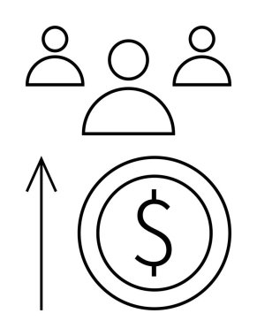 Yukardaki okun yanında dolar işareti olan bir çemberin üstünde üç kişi ikon. Ticari büyüme, takım çalışması, mali başarı, yatırım, girişimcilik, piyasa eğilimleri ve kariyer için ideal