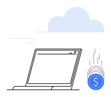 Boş ekranlı bir dizüstü bilgisayar ve bir buluta düşen bozuk paralar. Çevrimiçi bankacılık, e-ticaret, finans teknolojisi, ekonomik büyüme, çevrimiçi iş, dijital tasarruflar için ideal. Satır metaforu