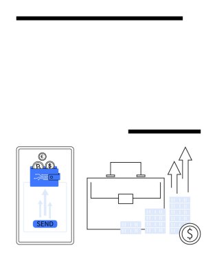 Mobile phone with a money transfer icon, briefcase, ascending arrows, and stacked coins. Ideal for finance, business growth, online banking, mobile payments, investment economic success financial clipart