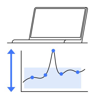 Açık ekranlı dizüstü bilgisayar, mavi noktalı çizgi grafik ve artışı temsil eden oklar. Teknoloji, veri analizi, iş stratejileri, büyüme, pazar eğilimleri, dijital öğrenme için ideal