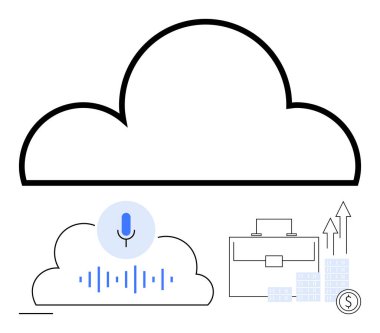 Ses komut simgesine sahip bulut, yükselen grafikli evrak çantası, finansal büyüme simgeleri. Bulut hesaplama, veri depolama, ses teknolojisi, iş analizleri, finans, teknoloji yeniliği için ideal