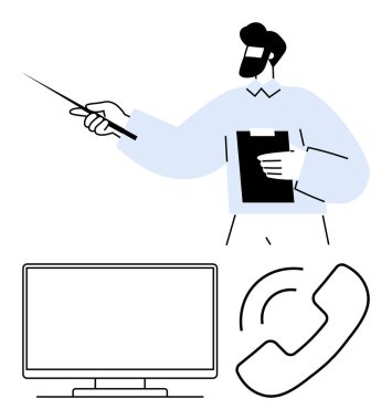 Elinde pano tutan ve yanında bilgisayar monitörü ve telefon ikonu olan bir sopayla işaret eden bir adam. Sunumlar, iş toplantıları, çevrimiçi toplantılar, uzaktan çalışma, müşteri desteği için ideal