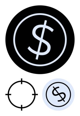 Dollar sign within a black circle, target symbol, and dollar sign within light blue circle. Ideal for finance, investment, business strategy, economic analysis, marketing, financial planning digital clipart