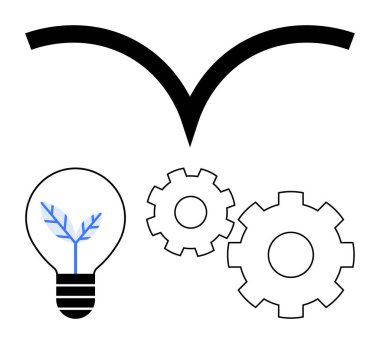 İçinde bitki olan bir ampul, birbirine kenetlenmiş iki vites ve üzerinde eğri bir ok. Yenilik, büyüme, endüstriyel süreçler, ekolojik teknoloji, sürdürülebilirlik ilerleme verimliliği için idealdir. Çizgi