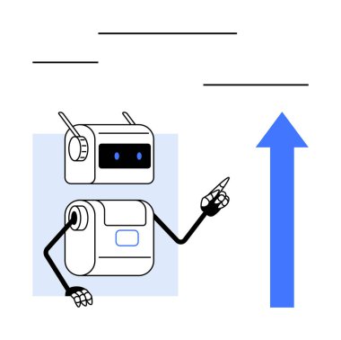 İlerlemeyi sembolize eden mavi oku gösteren anten ve dokunmatik ekranlı gelecekçi robot. Teknoloji, yenilik, yapay zeka, robot bilimi, büyüme, eğitim ve gelecek temalar için idealdir. Çizgi