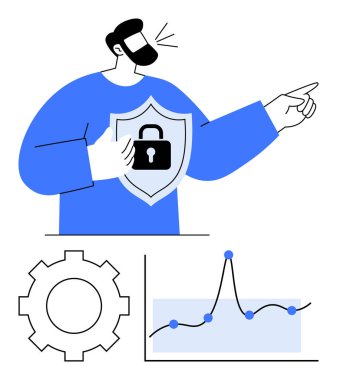 Mavi kilitli kilit kalkanlı adam ileri vites veri tablosunu işaret ediyor. Siber güvenlik, liderlik, veri analizi, teknoloji, koruma, ilerleme ve yenilik için ideal. Satır metaforu