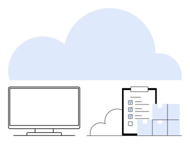 Bilgisayar monitörünün üstündeki büyük bulut, panodaki kontrol listesi ve istiflenmiş kutular. Bulut depolama, veri yönetimi, dijital organizasyon, sanal çalışma alanları, envanter sistemi, yazılım için ideal