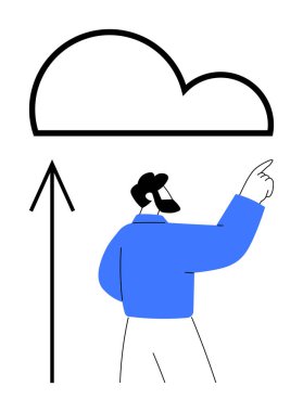 Mavi gömlekli adam yukarı doğru ok ile büyük bulut sembolünü gösteriyor. Teknoloji, bulut hesaplama, veri depolama, yenilik, bilişim çözümleri, dijital dönüşüm ve ilerleme için ideal. Çizgi