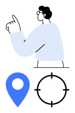 Yukarıya bakan şahıs, yanında mavi bir lokasyon iğnesi ve siyah bir hedef sembolü var. Seyahat, yön bulma, yön bulma, GPS, konum tabanlı hizmetler, hedef belirleme için ideal. Satır metaforu