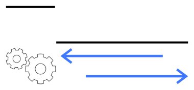 Mekanik dişliler ve oklarla birlikte yatay çizgiler süreç akışını ve yönünü gösteriyor. Mühendislik, teknik kılavuzlar, iş akışı optimizasyonu, proje yönetimi, sistem tasarımı için ideal