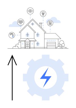 Akıllı ev teknolojisi ve enerji yönetimi simgelerini gösteren bağlı cihazlara sahip modern ev. Ev otomasyonu, enerji verimliliği, akıllı cihaz entegrasyonu, güvenlik sistemleri için ideal