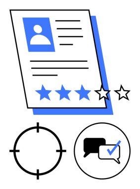 Profili 4 yıldızlı, hedef ve konuşma baloncuğu simgeleri işaretli. Performans değerlendirmesi, askere alma, yeterlilik analizi, geri besleme sistemleri, HR analizleri, beceri için ideal