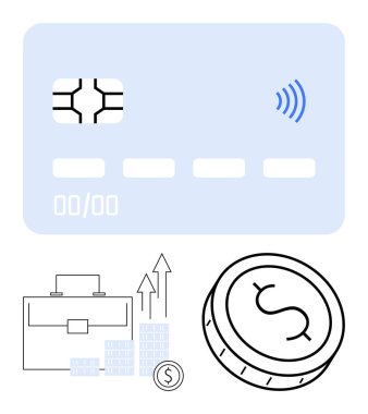 Geniş erişimsiz kredi kartı, bozuk para, evrak çantası ve oklu büyüme tablosu. Finans, bankacılık, nakitsiz işlemler, yatırımlar için ideal. Tasarruf finansal büyümesi için ulaşılamaz ödemeler. Çizgi