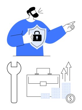 Mavi gömlekli bir adam yukarı doğru işaret ederken kilit sembollü bir kalkanı tutuyor. Aşağıdaki alet çantası ve grafikler, anahtar ve dolar para da dahil olmak üzere kar büyüme sembolleri. Güvenlik ve iş büyümesi için ideal