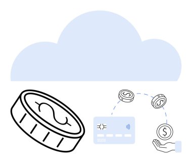 Dijital para hareketleri, kredi kartı, el parası, geniş bulut arkaplanı. Finans, bankacılık, dijital işlemler, fintech bulut hesaplama e-ticaret ödeme sistemleri için idealdir. Çizgi