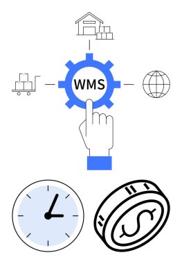 Vites, zaman çizelgesi, para, depo, dünya ve dağıtım kamyonu WMS konsepti. Lojistik, tedarik zinciri, envanter yönetimi zaman verimliliği tasarruf depo otomasyonu için ideal