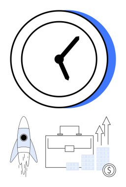 Roketin üstünde iki siyah eli olan saat, evrak çantası, para birimi sembolü ve finansal büyüme okları. İş takvimleri, üretkenlik, yatırım büyümesi, girişimler ve finansman planlama süreleri için ideal