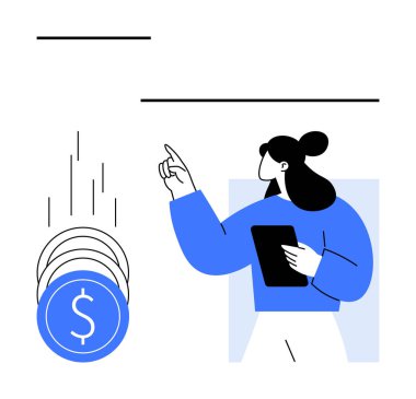 Düşen bozuk paralarda tablet puanları tutan kadın. Finans, teknoloji, iş büyümesi, girişimler, dijital pazarlama, yatırım eğitimi ve ekonomik trendler için idealdir. Satır metaforu