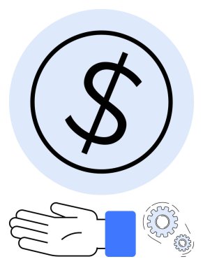 Çemberin içinde dolar sembolü, aşağıda uzanmış el, yanında iki vites. Finans, ekonomi, yardım, destek, işbirliği verimlilik temaları için idealdir. Satır metaforu