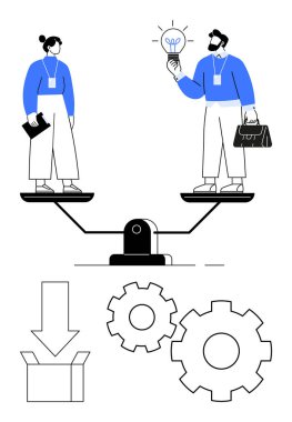 Profesyoneller terazide duruyor, biri evrak çantası ve ampulü tutuyor, diğeri de pano takıyor. Vites simgeleri, ok ve kutu. Denge, eşitlik, iş yenilikçiliği takım çalışması projesi için ideal