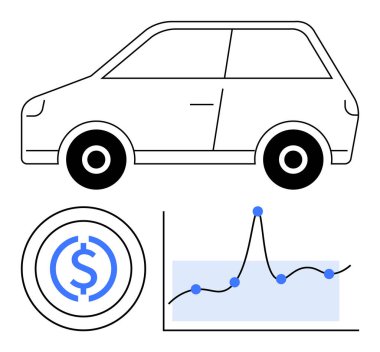 Araba çizgisi, daire şeklinde dolar işareti, mavi noktalı grafik. Mali analiz, otomotiv içgörüleri, maliyet değerlendirmesi, ulaşım ekonomisi, veri görselleştirme, trend izleme için ideal