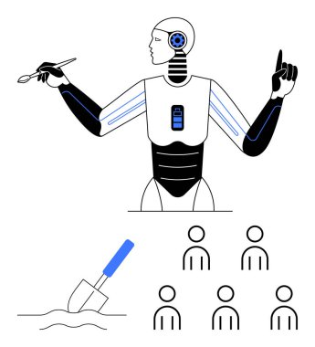 Ampullü yapay zeka robotu, toplum profili sembolleri ve yerde bir kürek taşıyarak işaret ediyor ve tutuyor. Teknoloji, yapay zeka, yenilik, takım çalışması, toplum çabaları ve ilerleme için ideal