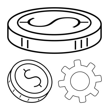 Dolar işaretli bozuk paralar farklı boyutlarda ve vites ana hatları var. Finans, işletme, yatırım, ekonomi, para birimi, ayarlar ve mühendislik içeriği için ideal. Satır metaforu