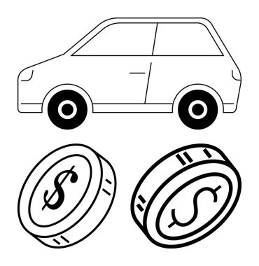 Basit araba taslağı ve dolar işaretli iki bozuk para. Araba finansmanı, otomobil harcamaları, tasarruf, ulaşım masrafları, araç sigortası, finansal planlama, bütçe. Satır metaforu