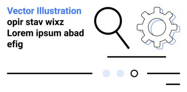 Büyüteç, vites simgesi, çizgiler ve daireler. SEO, analiz, mühendislik, teknik çözümler, mekanik araştırma optimizasyonu İniş sayfası için ideal