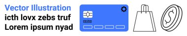 Kredi kartı, alışveriş çantası ve dolar para simgeleri e-ticaret ve mali işlemleri vurguluyor. E-ticaret siteleri, çevrimiçi ödeme sistemleri, dijital cüzdanlar, bütçe uygulamaları, finansal