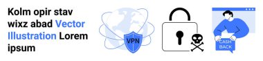Küresel ağlı VPN kalkanı, çapraz kemik ikonlu asma kilit, nakit para alan kişi. Siber güvenlik, finans, teknolojik çözümler, çevrimiçi mahremiyet, güvenli işlemler, e-ticaret, İnternet
