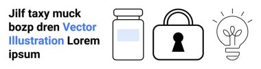 İlaç şişesi, asma kilit ve ampul ikonları sağlık, güvenlik ve yenilikçi fikirleri temsil ediyor. Sağlık endüstrisi için ideal, veri koruması, fikir üretimi, tıbbi patentler yaratıcı