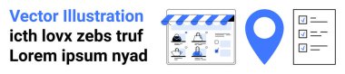 Çevrimiçi mağaza önü, mavi ve beyaz çizgili güneşlik, mavi konum simgesi, üç öğeli kontrol listesi. E-ticaret, yerel işletme, pazarlama, navigasyon, kontrol listesi yönetimi, mağaza yönetimi için ideal