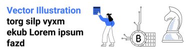Elinde kitap tutan bir kişi, devrede Bitcoin sembolü ve bir şövalye satranç taşı. İş stratejisi, kripto para birimi, yenilik, fütüristik teknoloji, dijital yatırımlar, finansal