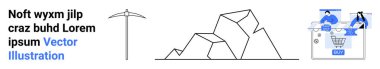 Kazma, geometrik dağ şekilleri madenciliği temsil eden iş adamları grafikleri ve haritaları analiz eden iş adamları ve bir alışveriş arabası. Veri analizi, dijital pazarlama, e-ticaret, iş stratejisi için ideal