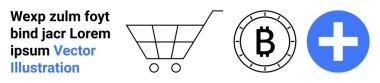 Alışveriş arabası, Bitcoin sembolü ve mavi çemberde artı işareti. Çevrimiçi alışveriş, kripto para birimi, e-ticaret, fintech, dijital işlemler, kullanıcı arayüzü ve finans teknolojisi için ideal. İniş
