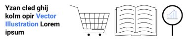 Tekerlekli alışveriş arabası, sayfaları açık kitap, grafiğin üzerinde büyüteç. Çevrimiçi alışveriş için ideal, dijital kütüphaneler, araştırma, e-ticaret, eğitim, analitik, pazarlama. İniş afişi