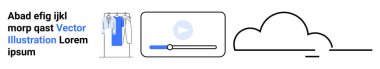 Asılı giyim rafının yanındaki metin bloğu, video oynatıcı arayüzü ve ana hatlarıyla bulut grafiği. İçerik oluşturma, multimedya, e-ticaret, moda, bulut hizmetleri, çevrimiçi video platformları için ideal