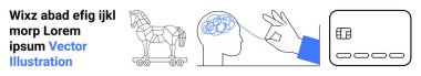 Tekerlekli Truva atı, beyin hackleme ve siber güvenlik risklerini sembolize eden jenerik bir kredi kartı. Teknoloji, güvenlik farkındalığı, çevrimiçi güvenlik, veri koruması, hack önleme için ideal