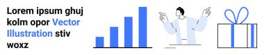 Bar chart with four ascending bars, a person speaking with raised hands, and a gift box with a bow. Ideal for business growth, success, corporate events, presentations, rewards, incentives employee clipart